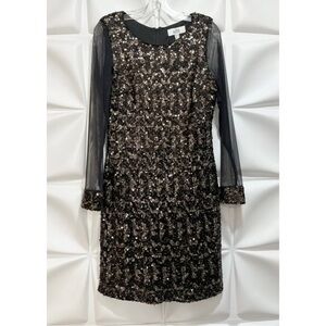 Belle Badgley Mischka Sz 10 Black Gold Sequin Formal Sheath Pencil Dress Stretch